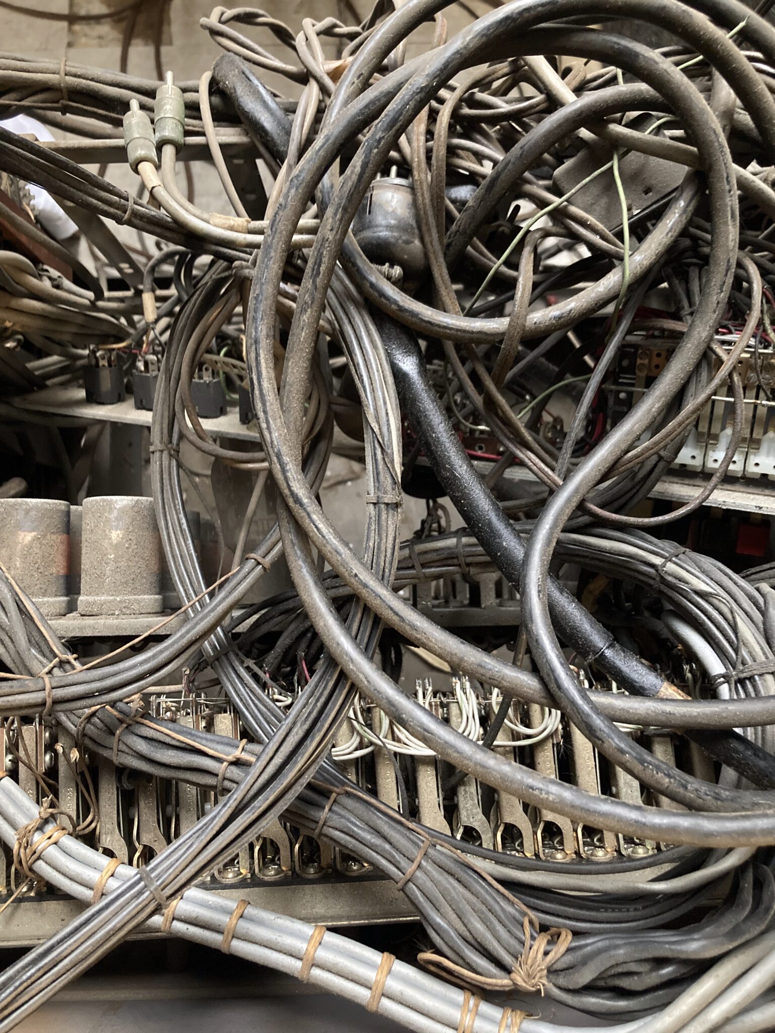 Rare view of the cables inside the 19 inches racks. A lot of cables and valves.